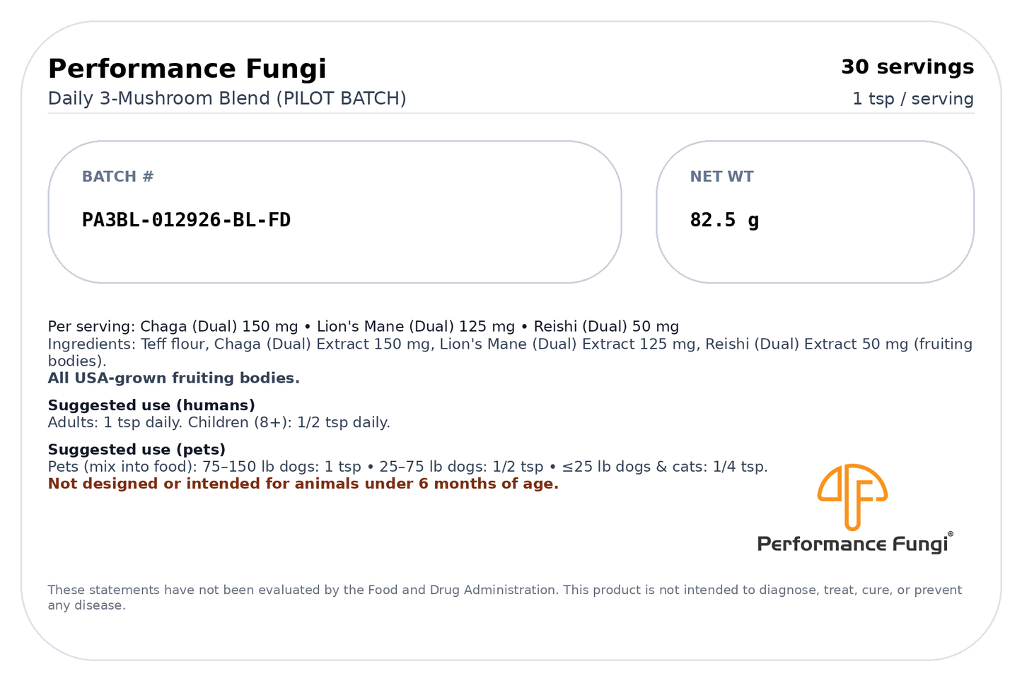 Daily 3-Mushroom Extract, Powder Blend (Limited Pilot Batch)